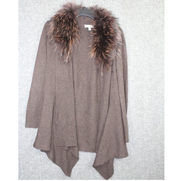 Neiman Marcus Sweaters - Neiman Marcus Cashmere Brown Cardigan Fox Fur Detachable Collar Size Small